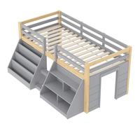 Moimhear Letto a mezza altezza, 90 x 200 cm, ripiani multipli, per la conservazione, ringhiera, scala, legno di pino, senza materasso, stile minimalista (grigio+naturale)