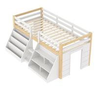 Moimhear Letto a mezza altezza, 90 x 200 cm, ripiani multipli, per la conservazione, ringhiera, scala, legno di pino, senza materasso, stile minimalista (bianco+naturale)
