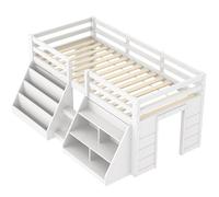 Moimhear Letto a mezza altezza, 90 x 200 cm, ripiani multipli, per la conservazione, ringhiera, scala, legno di pino, senza materasso, stile minimalista (bianco)