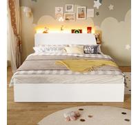 Moimhear Letto a pannello, 140 x 200 cm, idraulico, con funzione di ricarica USB di tipo C, senza materasso, stoccaggio multifunzionale, bianco e naturale