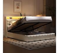 Moimhear Letto a piattaforma imbottito con luce LED e USB, spazio sottostante, cuscino poggiatesta regolabile, bianco, 160 x 200 cm