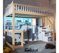Moimhear Letto a soppalco, 140 x 200 cm, con luci a LED, scaletta ripiani, ripiani, scrivania, legno di pino+MDF + Plywood, adatto per bambini e ragazzi (bianco + naturale)