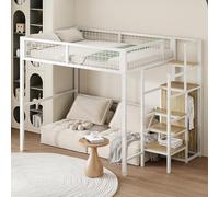 Moimhear Letto a soppalco 140 x 200 cm con scala, lettino con telaio in ferro e scaffalatura, armadio (bianco)