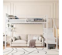 Moimhear Letto a soppalco, 140 x 200 cm, letto in ferro, metallo+MDF, ripiani, scala di stoccaggio, spazio sotto il letto, per rivestimento, ringhiere, senza materasso (bianco)