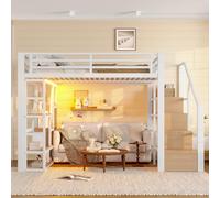 Moimhear Letto a soppalco, 140 x 200 cm, struttura in ferro, vano portaoggetti, gradini integrati, braccioli di sicurezza, scala, ripiano aperto sotto il letto (bianco)