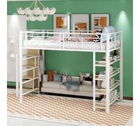 Moimhear Letto a soppalco 140x200 cm, con scala di sicurezza, spazio per riporre e piccolo armadio, scaffali, design con recinzione alta, letto singolo, letto per ragazzi (bianco)