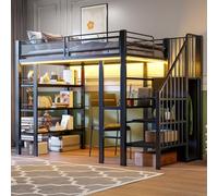 Moimhear Letto a soppalco, 90 x 200 cm, con presa elettrica, letto in ferro battuto con vano portaoggetti e libreria, letto singolo multifunzionale (nero)