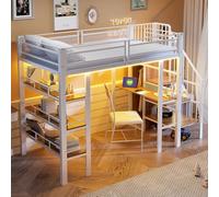 Moimhear Letto a soppalco, 90 x 200 cm, con presa elettrica, letto in ferro battuto con vano portaoggetti e libreria, letto singolo multifunzionale (bianco)