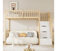 Moimhear Letto a soppalco, 90 x 200 cm, con scala di sicurezza, struttura in legno di pino massiccio, senza materasso (colore legno + bianco)