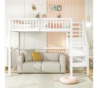 Moimhear Letto a soppalco, 90 x 200 cm, con scale, culla in legno con scaffalatura, semplice armadio, senza materasso (bianco)