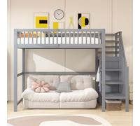 Moimhear Letto a soppalco, 90 x 200 cm, con scale, culla in legno con scaffalatura, semplice armadio, senza materasso (grigio)