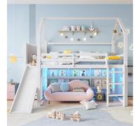 Moimhear Letto a soppalco 90 x 200 cm, con striscia luminosa a risparmio energetico, forma di casa, scaffali, scale, guide scorrevoli e protezione anticaduta, senza materasso, bianco