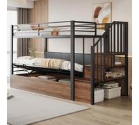 Moimhear Letto a soppalco, 90 x 200 cm, in ferro, schienale imbottito in PU, idraulico, scala di sicurezza, ringhiera alta protezione (nero + colore legno)