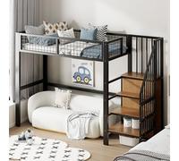 Moimhear Letto a soppalco 90 x 200 cm, letto in ferro con scaletta, lettino con telaio in ferro e scaffalatura, armadio (nero)