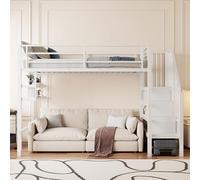 Moimhear Letto a soppalco, 90 x 200 cm, letto in ferro, ripiani, scala di stoccaggio, spazio libero sotto il letto, per rivestimento, ringhiere, senza materasso (bianco)