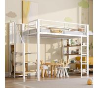 Moimhear Letto a soppalco 90x200 cm, con scala di sicurezza, spazio per riporre gli oggetti e piccolo armadio, scaffali, design con recinzione alta, letto singolo, letto per ragazzi (bianco)
