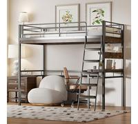 Moimhear Letto a soppalco, 90x200 cm, senza materasso, letto con scrivania, ripiani, ringhiera, scala, struttura in ferro, nero