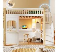 Moimhear Letto a soppalco, a forma di finestra, in legno, con vano portaoggetti aperto, scrivania, senza materasso, bianco e naturale (140 x 200 cm)