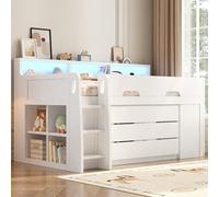 Moimhear Letto a soppalco basso con tre cassetti, una scrivania mobile integrata, più scomparti, striscia luminosa a LED e porte USB, bianco, senza materasso, 90 x 200 mm
