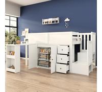 Moimhear Letto a soppalco, bianco, 90 x 200 cm, MDF, con scrivania estraibile e ripiano laterale, con armadio, cassetto, scale e armadio per scale