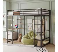 Moimhear Letto a soppalco con scala, 90 x 200 cm, letto singolo con tavolo, facile da appendere, con ripiani, colore: nero