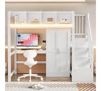 Moimhear Letto a soppalco da 90 x 200 cm, con scrivania e scala portaoggetti, dotato di prese, ringhiera di sicurezza con ripiano (con guardaroba, bianco)