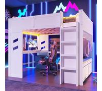 Moimhear Letto a soppalco da gioco, 90 x 200 cm, con scrivania e LED, con porta USB-C, cassetto e stendibiancheria, bianco (senza materasso) (140 x 200 cm)