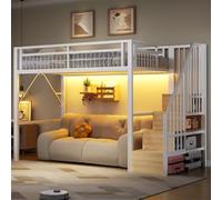 Moimhear Letto a soppalco in ferro, struttura in ferro, strutture per scale con vano portaoggetti, spazio libero per il rivestimento, senza materasso (bianco, 90 x 200 cm)