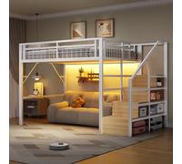 Moimhear Letto a soppalco in ferro, struttura in ferro, strutture per scale con vano portaoggetti, spazio libero per il rivestimento, senza materasso (bianco, 140 x 200 cm)