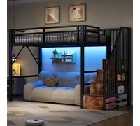 Moimhear Letto a soppalco in ferro, struttura in ferro, strutture per scale con vano portaoggetti, spazio libero per il rivestimento, senza materasso (nero, 90 x 200 cm)