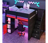 Moimhear Letto a soppalco in legno da gioco, 140 x 200 cm, con scrivania, vano portaoggetti a più livelli, porta di ricarica USB e scala nera con vano portaoggetti, nero e rosso