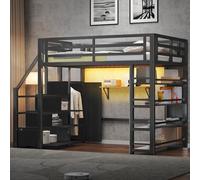 Moimhear Letto a soppalco in metallo, 140 x 200 cm, con ripiani, armadi e armadi, colore nero, senza materasso