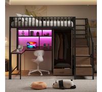 Moimhear Letto a soppalco in metallo, 140 x 200 cm, con scrivania, mensola, armadio e cassetti, con scala portaoggetti e ringhiera di sicurezza, telaio in metallo (nero)