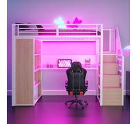 Moimhear Letto a soppalco in metallo, 90 x 200 cm, con armadio e scomparti, scala a pioli, scrivania con prese, grande armadietto, letto singolo (bianco)