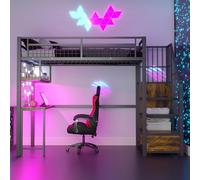 Moimhear Letto a soppalco in metallo, 90 x 200 cm, con presa di ricarica, con scala di stoccaggio e armadio semplice, completo di ripiani, scrivania e scaffale a griglia (nero)