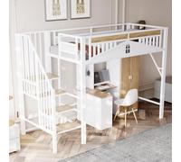 Moimhear Letto a soppalco in metallo, bordo di sicurezza unico con finestra, con scala di sicurezza, abbastanza spazio sotto il letto (bianco, 90 x 200 cm)