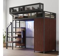 Moimhear Letto a soppalco in metallo con armadio, scala di sicurezza, illuminazione a LED e griglie protettive in tessuto a rete, con ripiani rimovibili, 90 × 200 cm (nero)