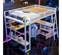 Moimhear Letto a soppalco in metallo con posto di lavoro integrato, illuminazione a LED e ampio spazio di archiviazione, 140 x 200 cm (bianco)