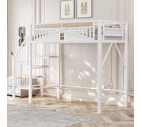 Moimhear Letto a soppalco in metallo con recinzione di sicurezza con finestra, con scala di sicurezza e spazio sotto il letto per una copertura gratuita in tessuto (bianco, 90 x 200 cm)