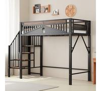 Moimhear Letto a soppalco in metallo con recinzione di sicurezza con finestra, con scala di sicurezza e spazio sotto il letto per una copertura gratuita in tessuto (nero, 90 x 200 cm)