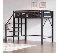 Moimhear Letto a soppalco in metallo con recinzione di sicurezza con finestra, con scala di sicurezza e spazio sotto il letto per una copertura gratuita in tessuto (nero, 140 x 200 cm)