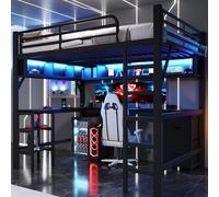 Moimhear Letto a soppalco in metallo per gaming con libreria, scrivania, armadio, USB e illuminazione a LED, 140 x 200 cm (nero)