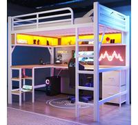 Moimhear Letto a soppalco in metallo per gaming con libreria, scrivania, armadio, USB e illuminazione a LED, 140 x 200 cm (bianco)