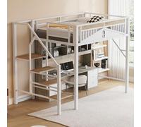 Moimhear Letto a soppalco in metallo, unico bordo di sicurezza con finestra, con scala di sicurezza, abbastanza spazio sotto il letto per rivestimento in tessuto libero (bianco, 140 x 200 cm)