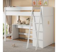 Moimhear Letto a soppalco multifunzionale, in legno, 90 x 200 cm, bianco, con scaletta, con scrivania, con armadio, senza materasso, in legno massello