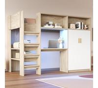 Moimhear Letto a soppalco multifunzione 90 × 200 cm, con scrivania, armadio, mensola, vano portaoggetti, con rete a doghe (colore legno+bianco, stile 2)