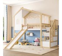Moimhear Letto a soppalco, sponda del letto, lettino per bambini, scala con vano portaoggetti, finestra, scivolo, listello per casa, naturale+bianco, legno di pino+MDF+compensato (90x200cm)