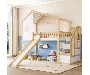 Moimhear Letto a soppalco, sponda del letto, lettino per bambini, scala con vano portaoggetti, finestra, scivolo, listello per casa, naturale+bianco, legno di pino+MDF+compensato (90x200cm)