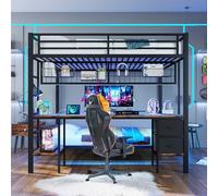 Moimhear Letto a soppalco, struttura in ferro, cassetti, griglia per appendere oggetti, scrivania, con barra LED a 7 colori (stile 3, 90 x 200 cm + 140 x 200 cm, nero)