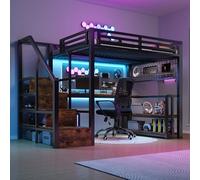 Moimhear Letto a soppalco, struttura in ferro, scaffale di stoccaggio, griglia sospesa, scrivania, strutture a scale con spazio di archiviazione, con 2 porte USB e 1 presa di tipo C (nero, 140x200cm)